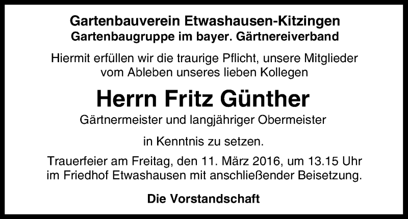  Traueranzeige für Fritz Günther vom 09.03.2016 aus MGO