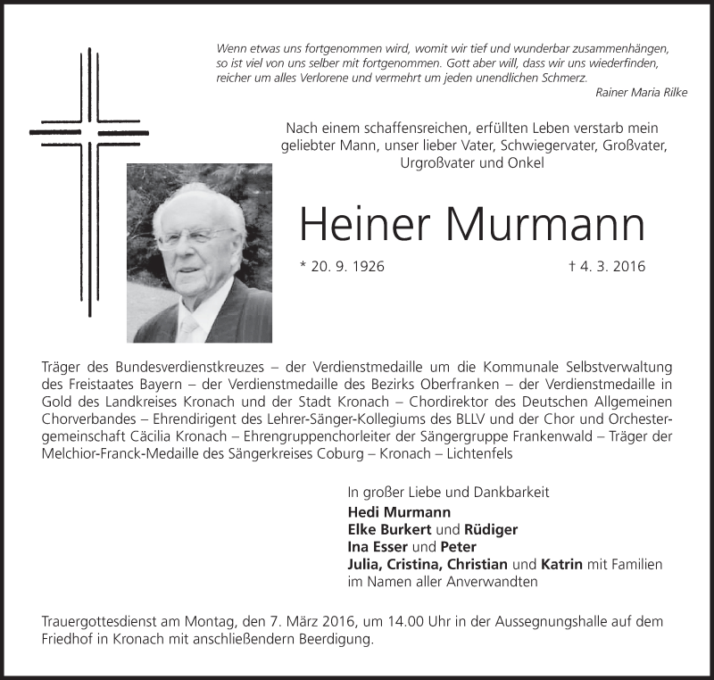  Traueranzeige für Heiner Murmann vom 05.03.2016 aus MGO
