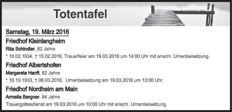  Traueranzeige für Totentafel vom 19.03.2016 vom 19.03.2016 aus MGO