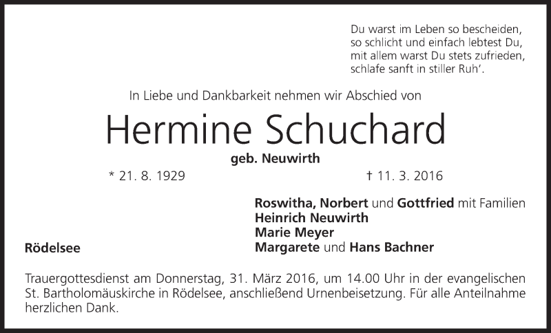  Traueranzeige für Hermine Schuchard vom 26.03.2016 aus MGO