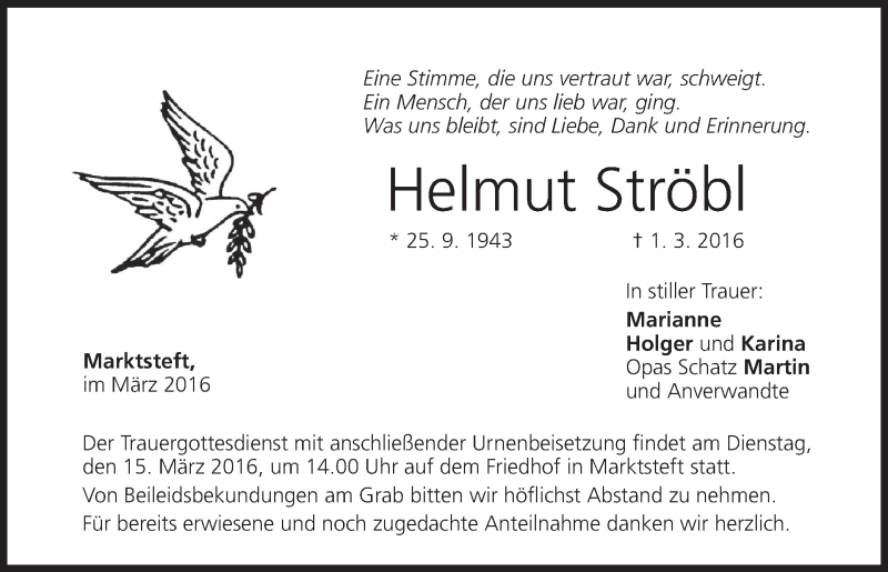  Traueranzeige für Helmut Ströbl vom 12.03.2016 aus MGO
