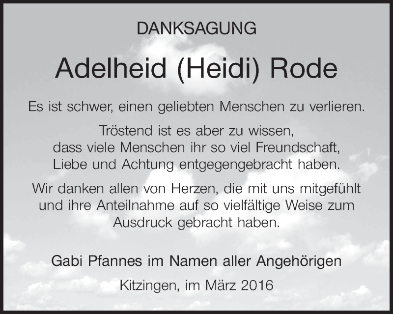  Traueranzeige für Adelheid Rode vom 19.03.2016 aus MGO