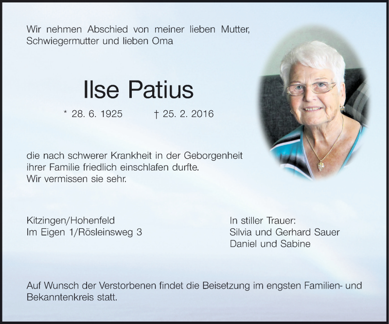  Traueranzeige für Ilse Patius vom 05.03.2016 aus MGO