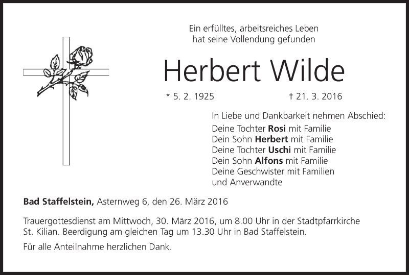  Traueranzeige für Herbert Wilde vom 26.03.2016 aus MGO