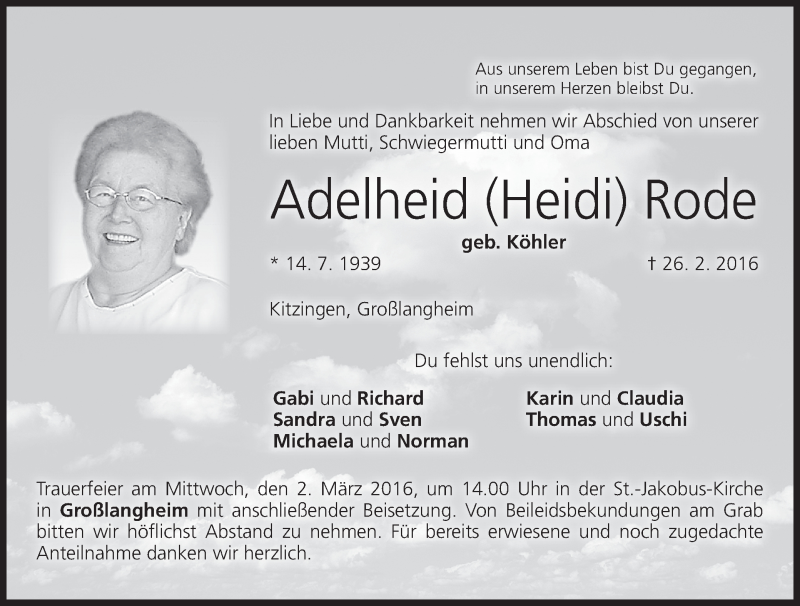  Traueranzeige für Adelheid Rode vom 01.03.2016 aus MGO