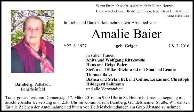  Traueranzeige für Amalie Baier vom 12.03.2016 aus MGO