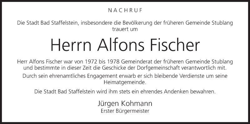  Traueranzeige für Alfons Fischer vom 05.03.2016 aus MGO