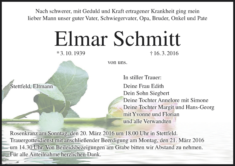  Traueranzeige für Elmar Schmitt vom 19.03.2016 aus MGO