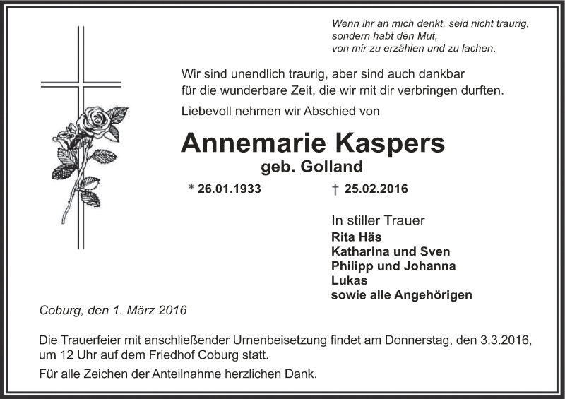  Traueranzeige für Annemarie Kaspers vom 01.03.2016 aus MGO