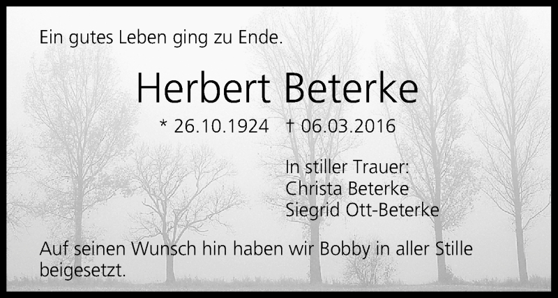  Traueranzeige für Herbert Beterke vom 19.03.2016 aus MGO