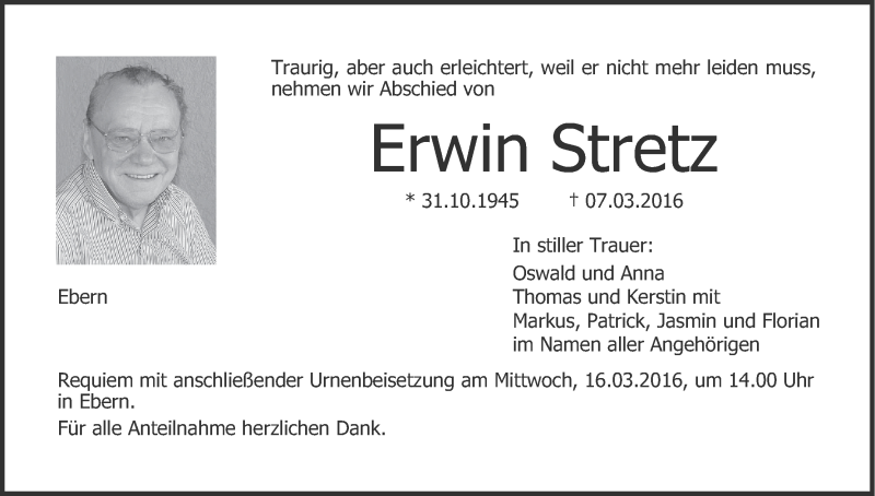  Traueranzeige für Erwin Stretz vom 12.03.2016 aus MGO