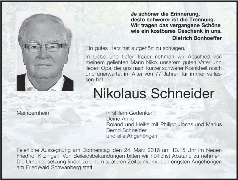  Traueranzeige für Nikolaus Schneider vom 22.03.2016 aus MGO