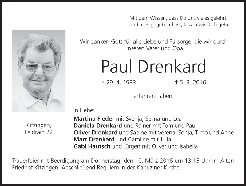  Traueranzeige für Paul Drenkard vom 08.03.2016 aus MGO