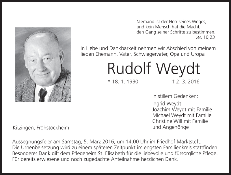  Traueranzeige für Rudolf Weydt vom 04.03.2016 aus MGO