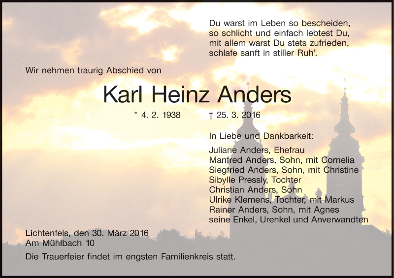  Traueranzeige für Karl Heinz Anders vom 30.03.2016 aus MGO