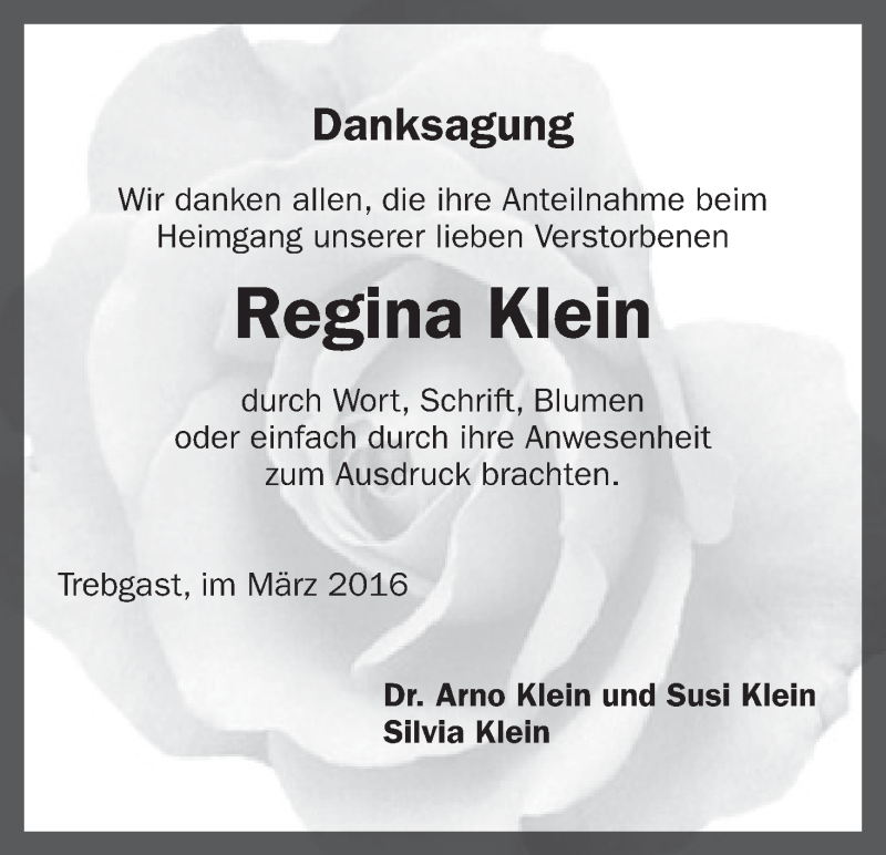  Traueranzeige für Regina Klein vom 19.03.2016 aus MGO