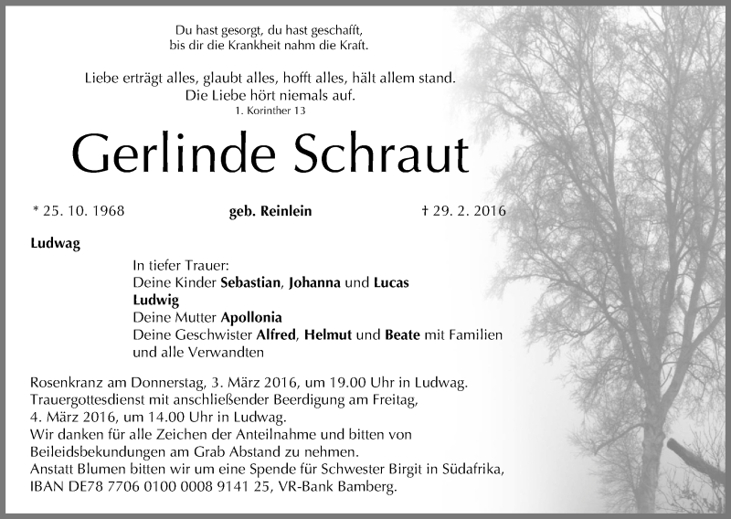  Traueranzeige für Gerlinde Schraut vom 02.03.2016 aus MGO