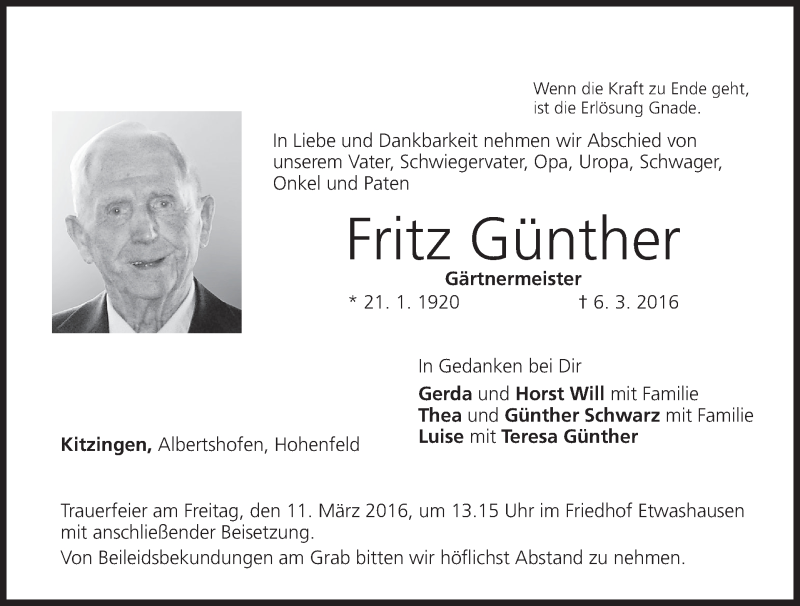  Traueranzeige für Fritz Günther vom 08.03.2016 aus MGO