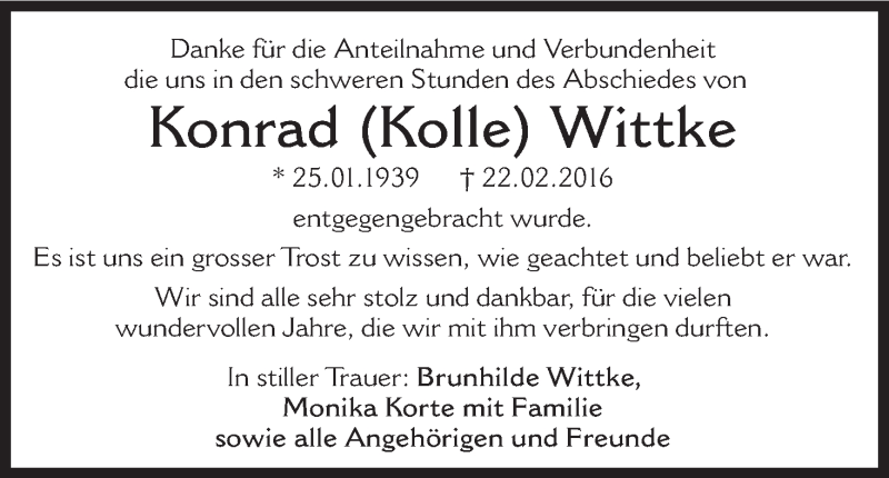  Traueranzeige für Konrad Wittke vom 05.03.2016 aus MGO