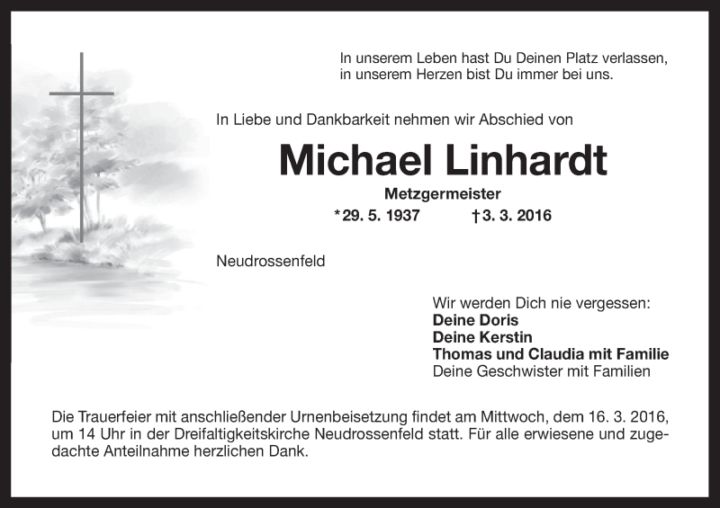  Traueranzeige für Michael Linhardt vom 12.03.2016 aus MGO