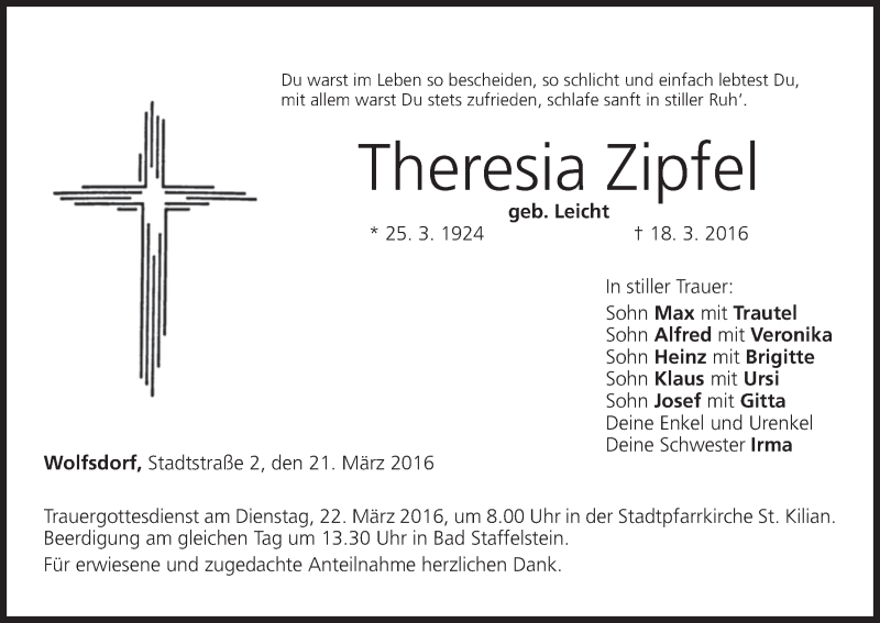  Traueranzeige für Theresia Zipfel vom 21.03.2016 aus MGO