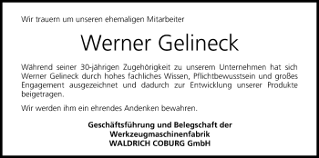 Anzeige von Werner Gelineck von MGO