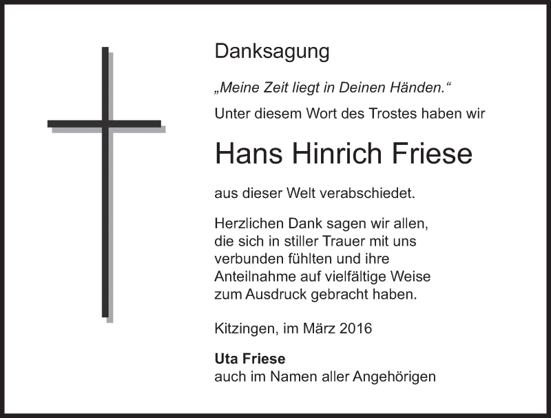  Traueranzeige für Hans Hinrich Friese vom 05.03.2016 aus MGO