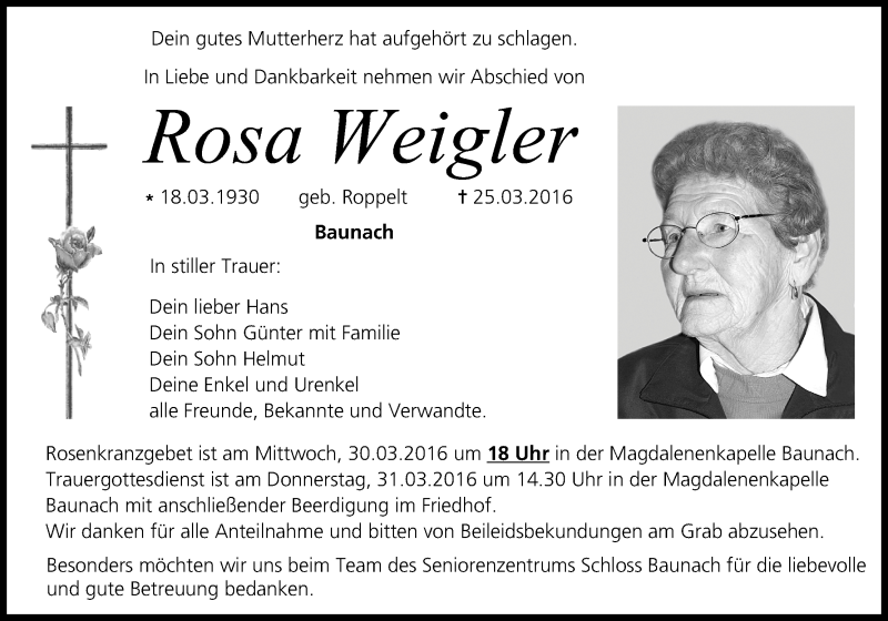  Traueranzeige für Rosa Weigler vom 29.03.2016 aus MGO