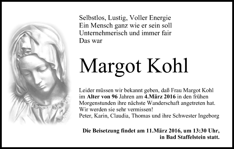  Traueranzeige für Margot Kohl vom 07.03.2016 aus MGO