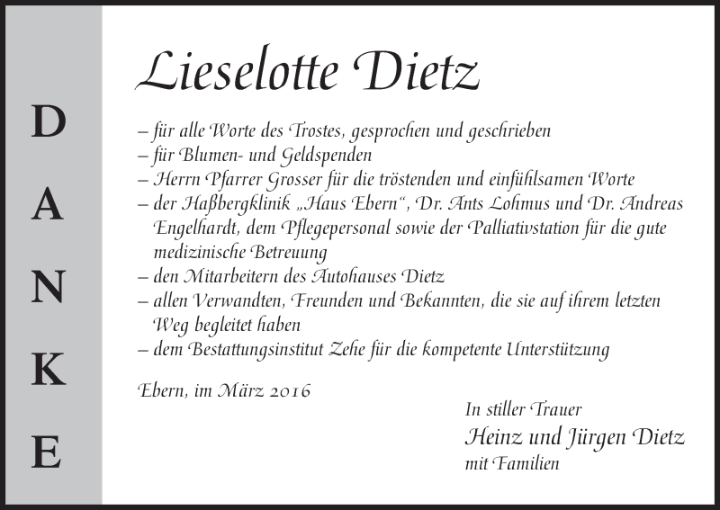  Traueranzeige für Lieselotte Dietz vom 19.03.2016 aus MGO