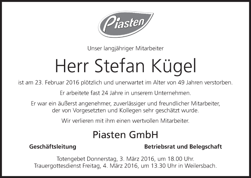  Traueranzeige für Stefan Kügel vom 03.03.2016 aus MGO