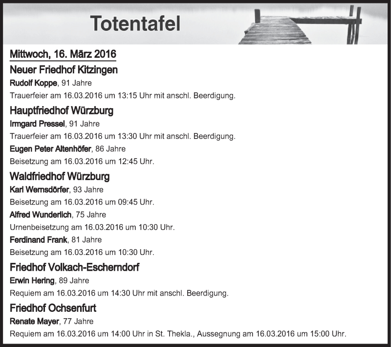  Traueranzeige für Totentafel vom 16.03.2016 vom 16.03.2016 aus MGO
