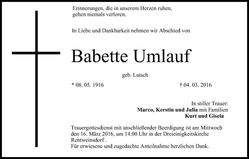  Traueranzeige für Babette Umlauf vom 12.03.2016 aus MGO