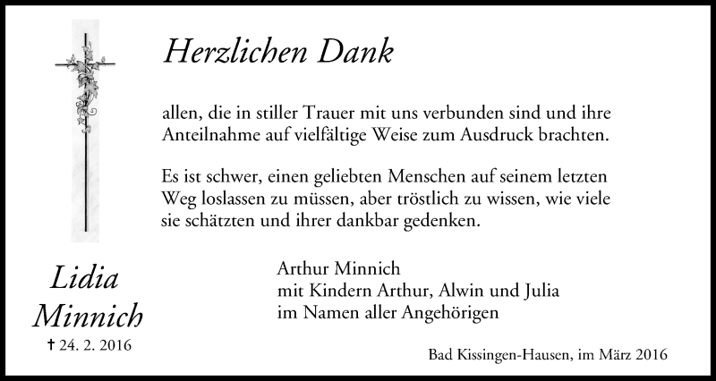  Traueranzeige für Lidia Minnich vom 05.03.2016 aus MGO
