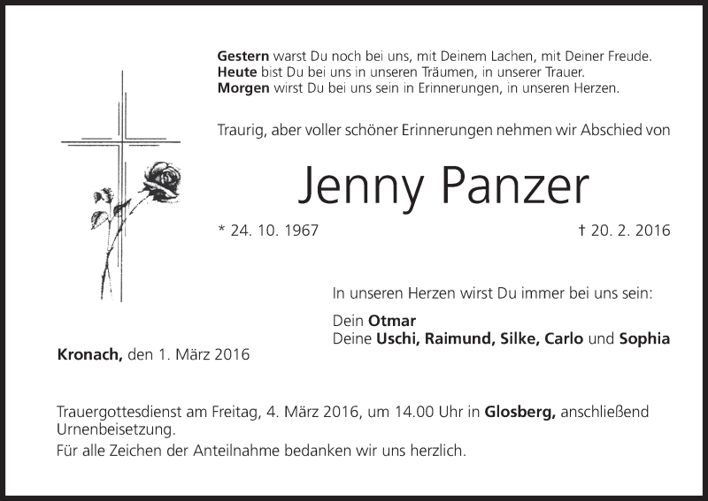  Traueranzeige für Jenny Panzer vom 01.03.2016 aus MGO