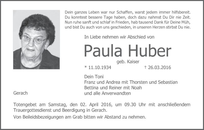  Traueranzeige für Paula Huber vom 31.03.2016 aus MGO