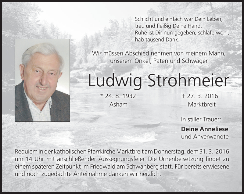 Traueranzeige für Ludwig Strohmeier vom 30.03.2016 aus MGO