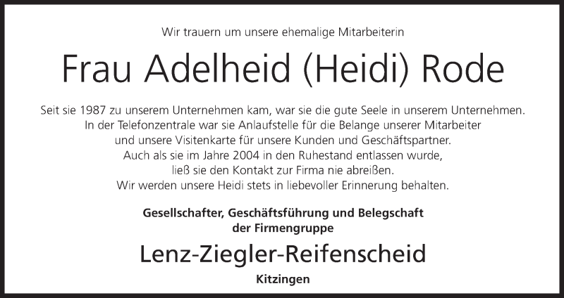  Traueranzeige für Adelheid Rode vom 02.03.2016 aus MGO