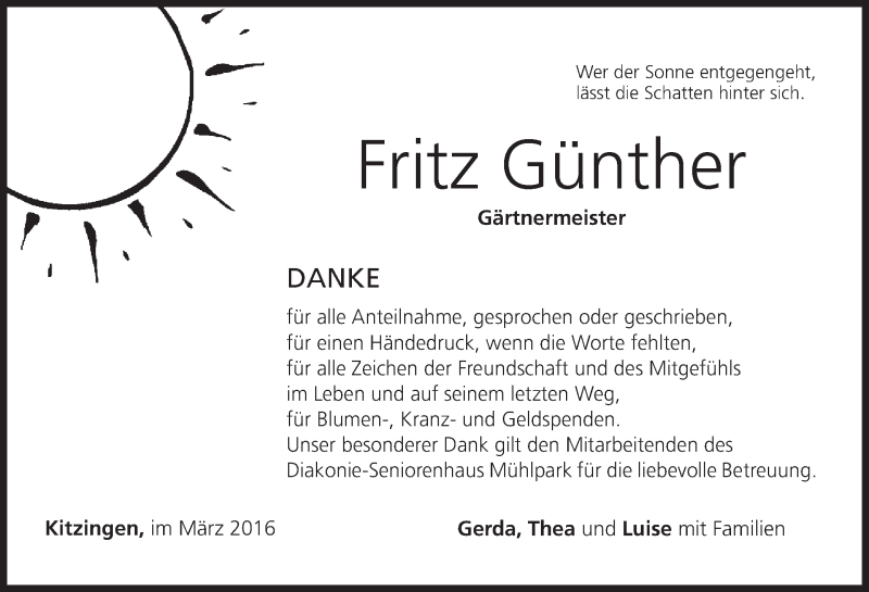  Traueranzeige für Fritz Günther vom 12.03.2016 aus MGO