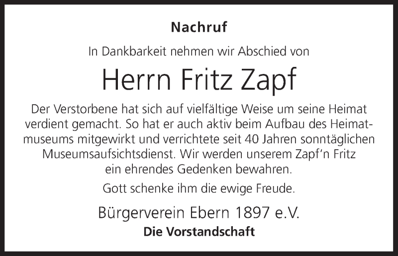  Traueranzeige für Fritz Zapf vom 08.03.2016 aus MGO