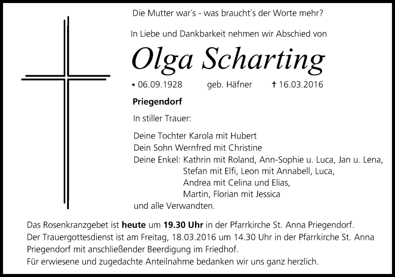  Traueranzeige für Olga Scharting vom 17.03.2016 aus MGO