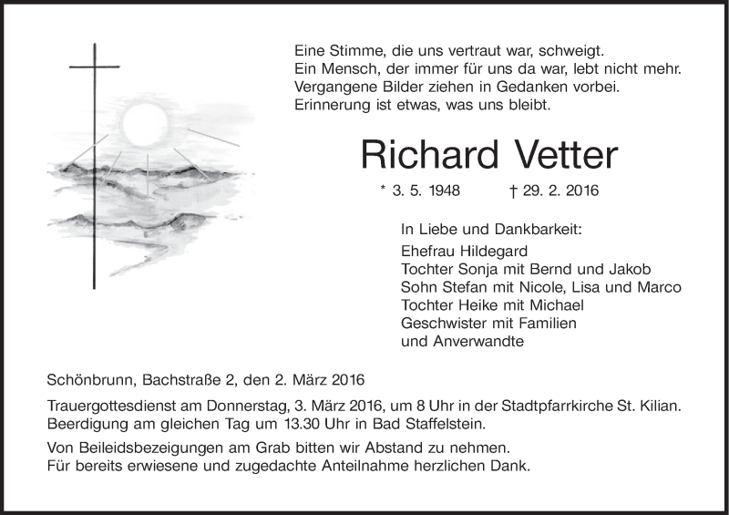  Traueranzeige für Richard Vetter vom 02.03.2016 aus MGO