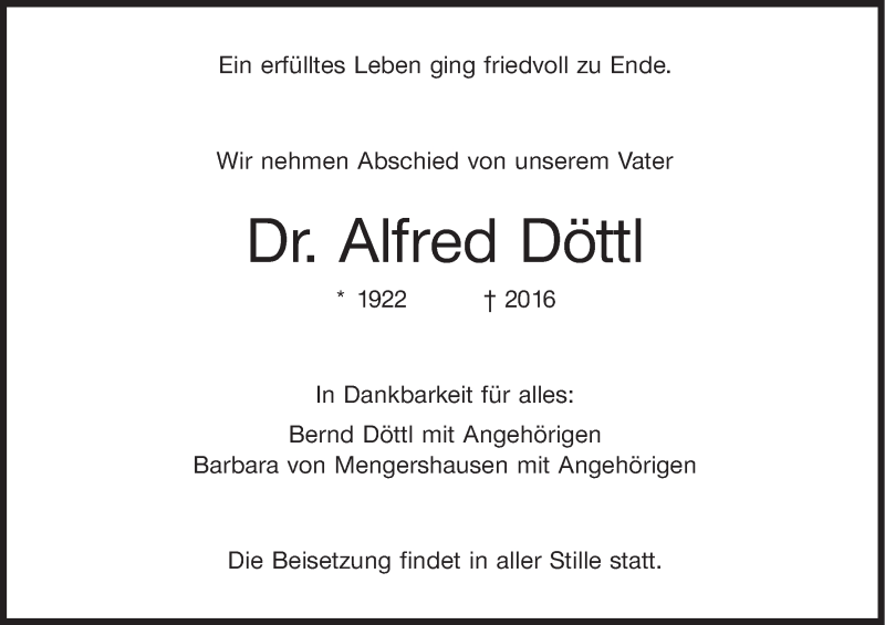  Traueranzeige für Alfred Döttl vom 31.03.2016 aus MGO
