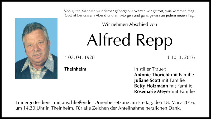  Traueranzeige für Alfred Repp vom 16.03.2016 aus MGO