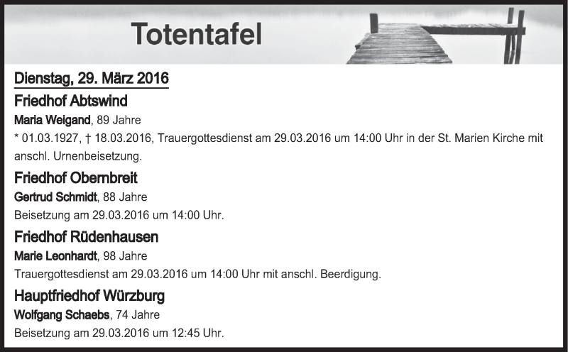  Traueranzeige für Totentafel vom 29.03.2016 vom 29.03.2016 aus MGO