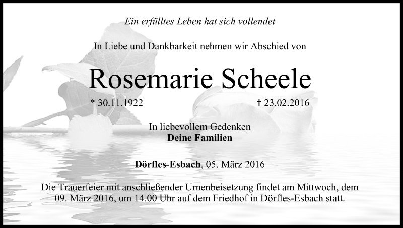  Traueranzeige für Rosemarie Scheele vom 05.03.2016 aus MGO