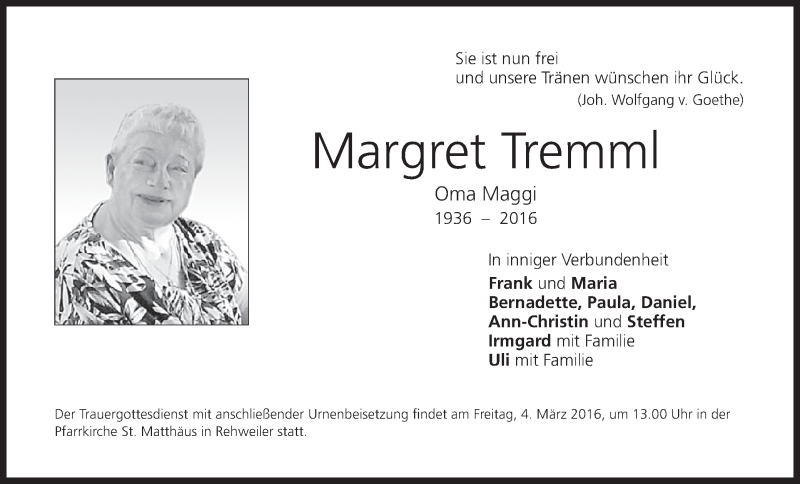  Traueranzeige für Margret Tremml vom 01.03.2016 aus MGO
