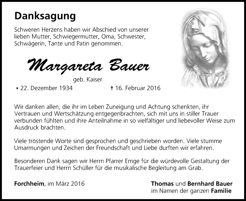 Traueranzeige für Margareta Bauer vom 05.03.2016 aus MGO