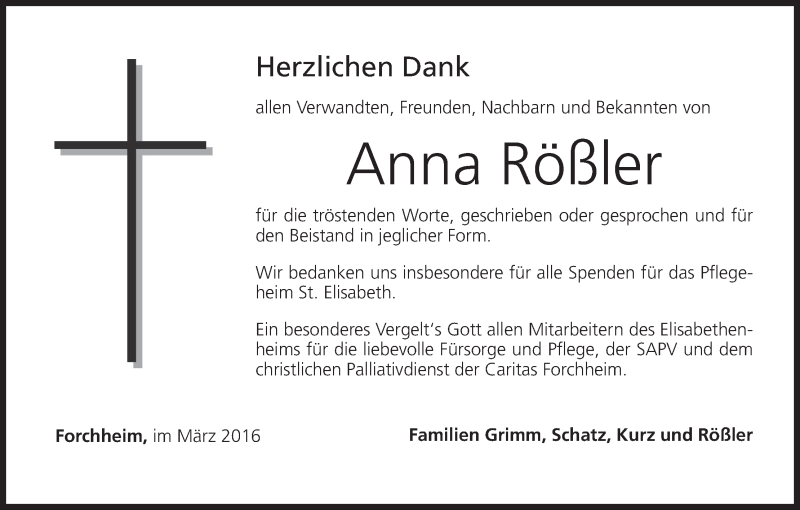  Traueranzeige für Anna Rößler vom 19.03.2016 aus MGO
