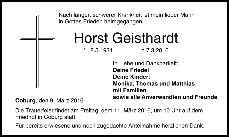  Traueranzeige für Horst Geisthardt vom 09.03.2016 aus MGO